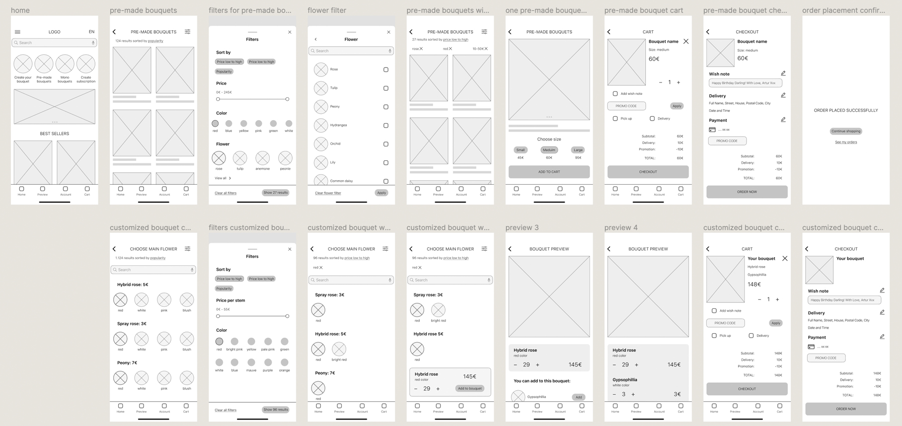 bouquet app digital wireframes